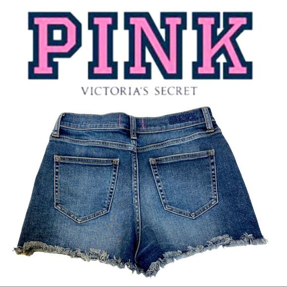 PINK Victoria's Secret High-Waist Denim Distressed Raw Hem Shorts - Picture 2 of 4
